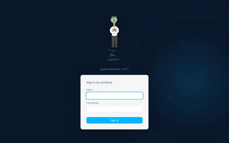 Finn web sign-in interface with its bookkeeper character